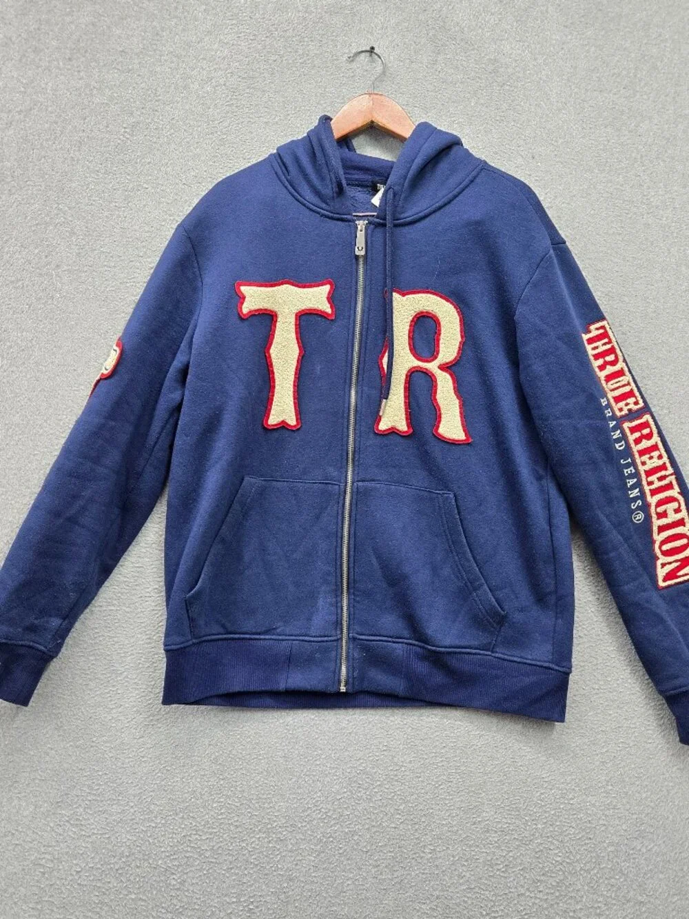 True Religion Men Hoodie Large Blue Chenille Embroidered Buddha Logo Fleece